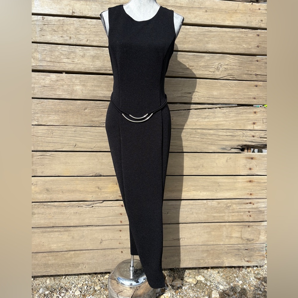 Sleeveless Black Sheath Midi Dress with Decorative Waist Detail